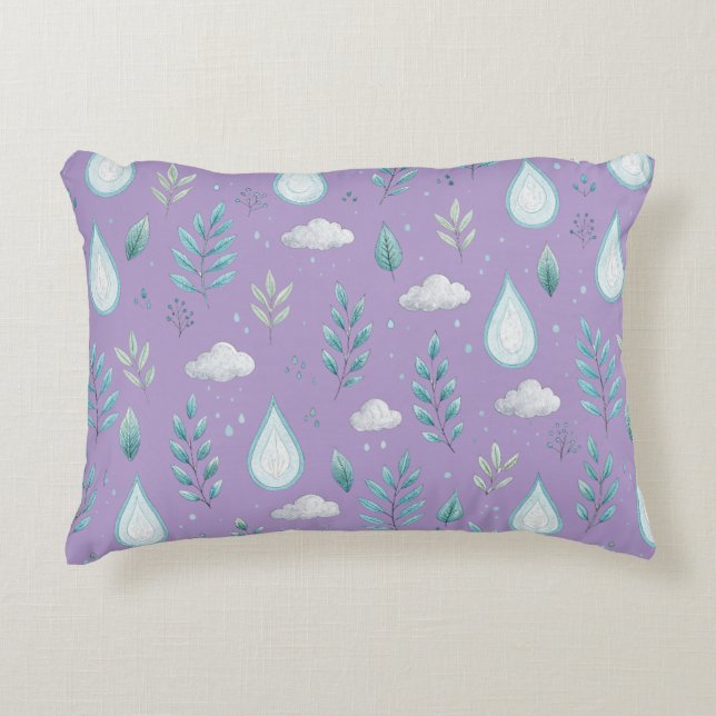 Whimsical Purple Rain Cloud & Tree Pattern Accent  Pillow (Front)