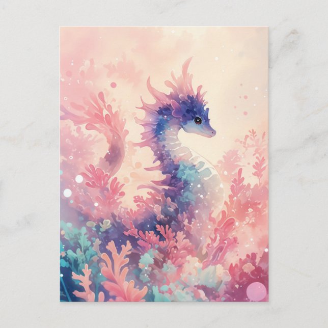 Whimsical Purple Seahorse in Pink Coral Postcard (Front)
