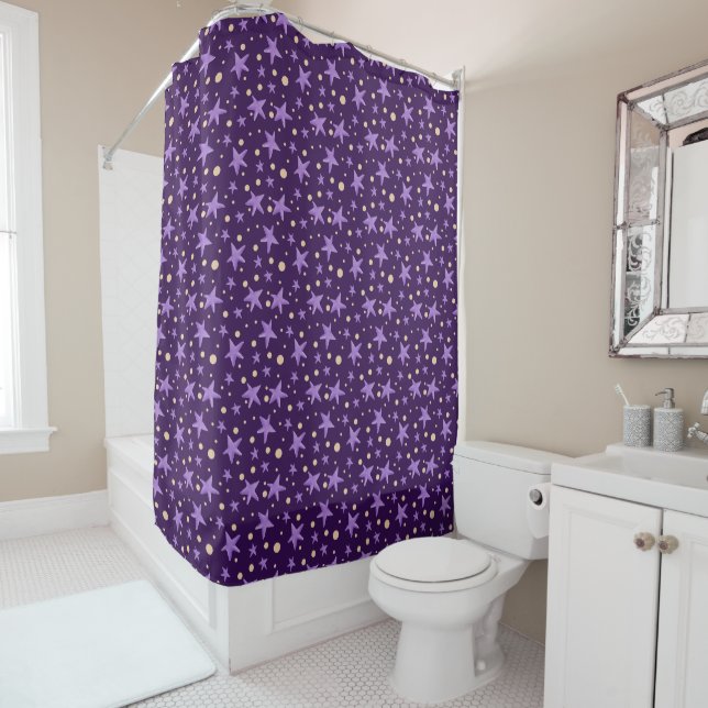Whimsical Purple Stars and Yellow Circles  Shower Curtain (In Situ)