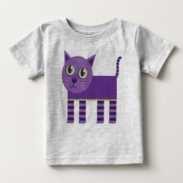 Whimsical Purple Striped Cat Baby T-Shirt (Front)
