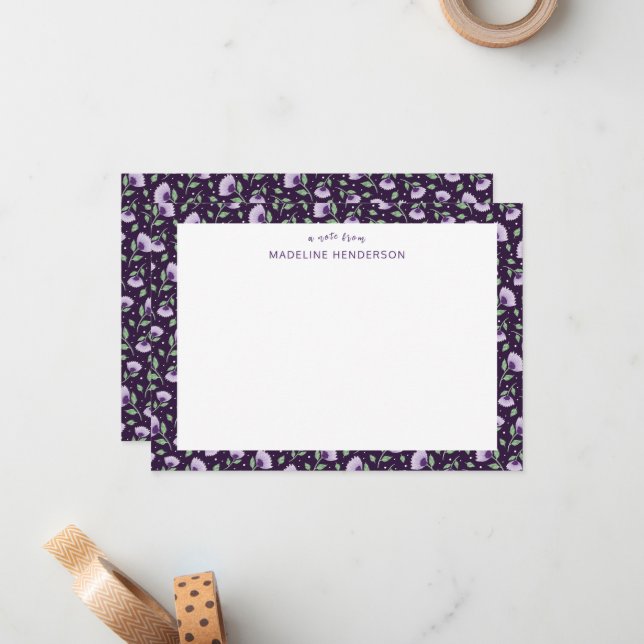 Whimsical Purple Sunflowers Dark Purple Monogram Note Card (Front/Back In Situ)