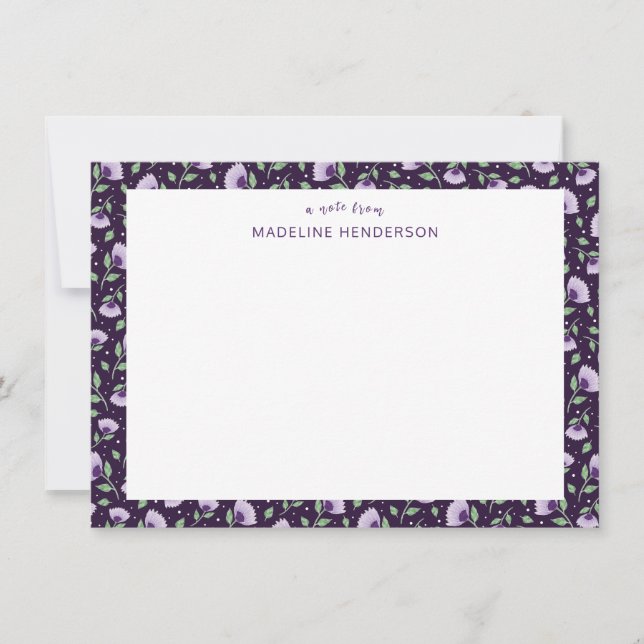 Whimsical Purple Sunflowers Dark Purple Monogram Note Card (Front)
