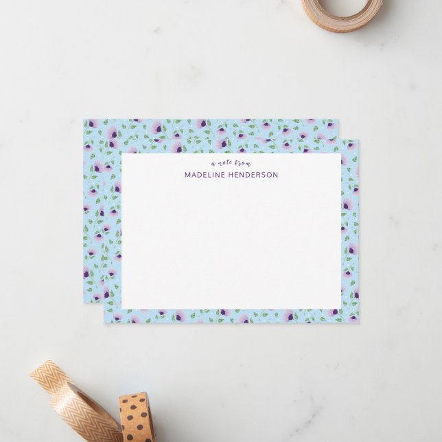 Whimsical Purple Sunflowers Light Blue Monogram Note Card (Front/Back In Situ)