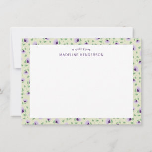 Whimsical Purple Sunflowers Light Green Monogram Note Card