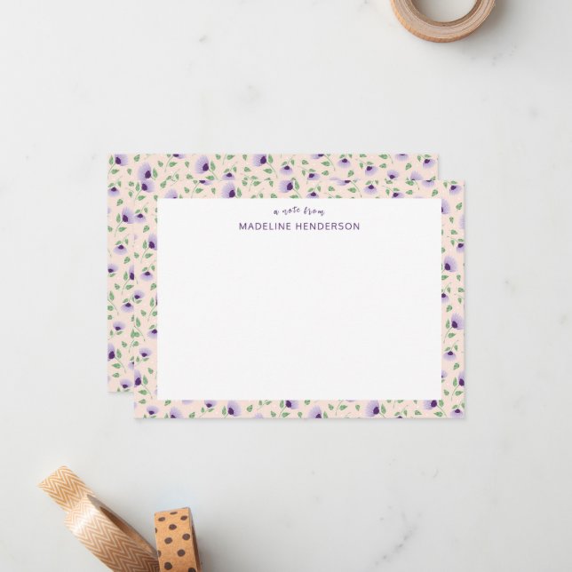 Whimsical Purple Sunflowers Light Pink Monogram Note Card (Front/Back In Situ)