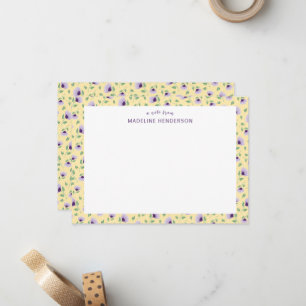 Whimsical Purple Sunflowers Light Yellow Monogram Note Card