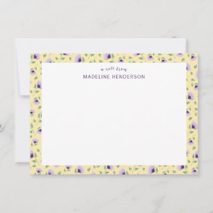 Whimsical Purple Sunflowers Light Yellow Monogram Note Card