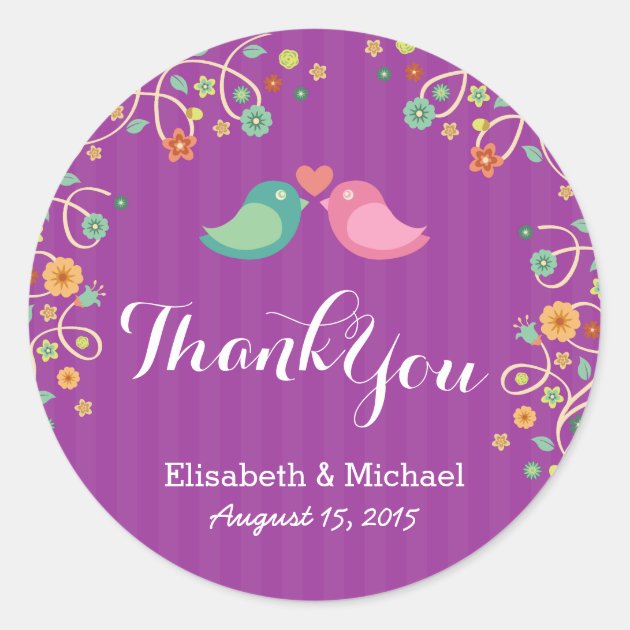 Whimsical Purple Swirl Floral Love Birds Thank You Classic Round Sticker