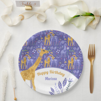 Whimsical Purple Teal Yellow Giraffes Birthday Paper Plates