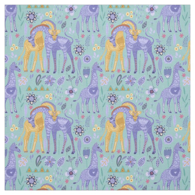 Whimsical Purple Teal Yellow Giraffes Monogram Fabric (Swatch)