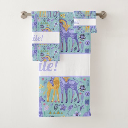 Whimsical Purple Teal Yellow Giraffes Pattern Bath Towel Set