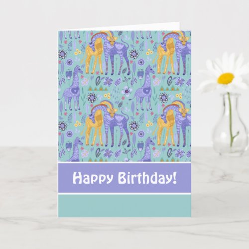 Whimsical Purple Teal Yellow Giraffes Pattern Card