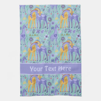 Whimsical Purple Teal Yellow Giraffes Pattern Kitchen Towel