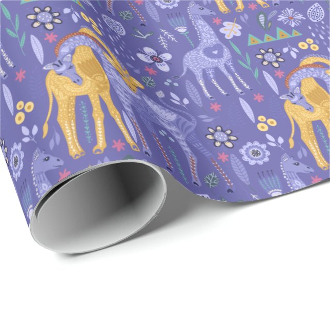Whimsical Purple Teal Yellow Giraffes Pattern Wrapping Paper (Roll Corner)