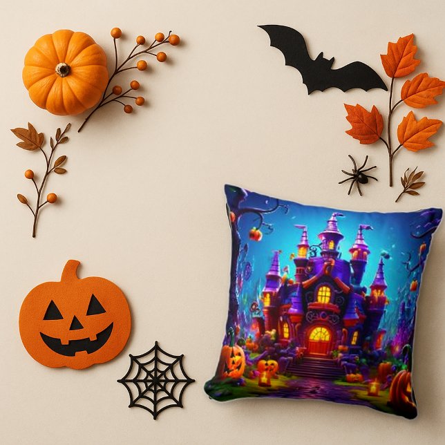 Whimsical Purple Twilight Haunted House Throw Pillow (Creator Uploaded)