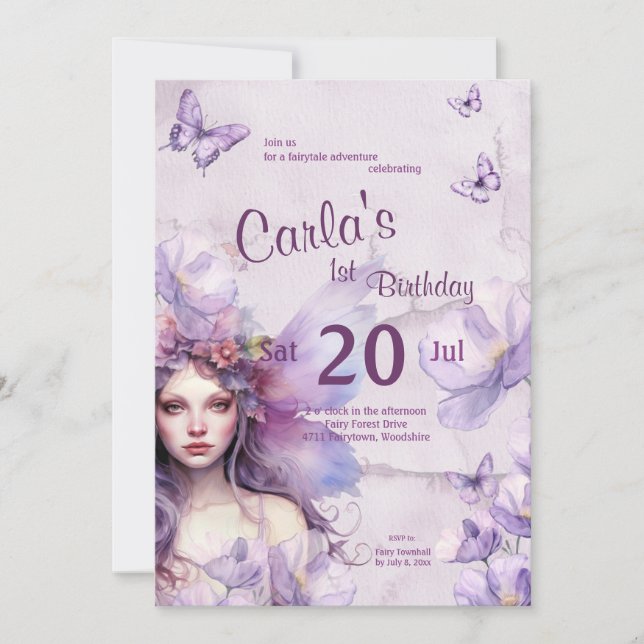Whimsical Purple Watercolor Fairy Birthday Invitation (Front)