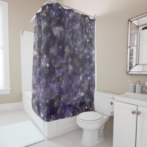 Whimsical Purple Watercolor Gold Bronze Moon Stars Shower Curtain