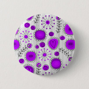 Whimsical purple white hearts and flowers floral button