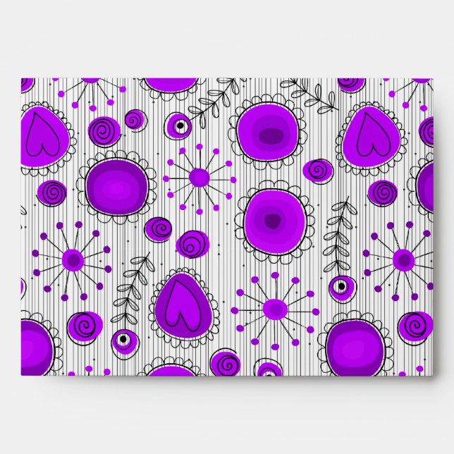 Whimsical purple white hearts and flowers floral envelope (Front)