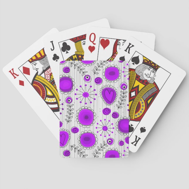 Whimsical purple white hearts and flowers floral poker cards (Back)