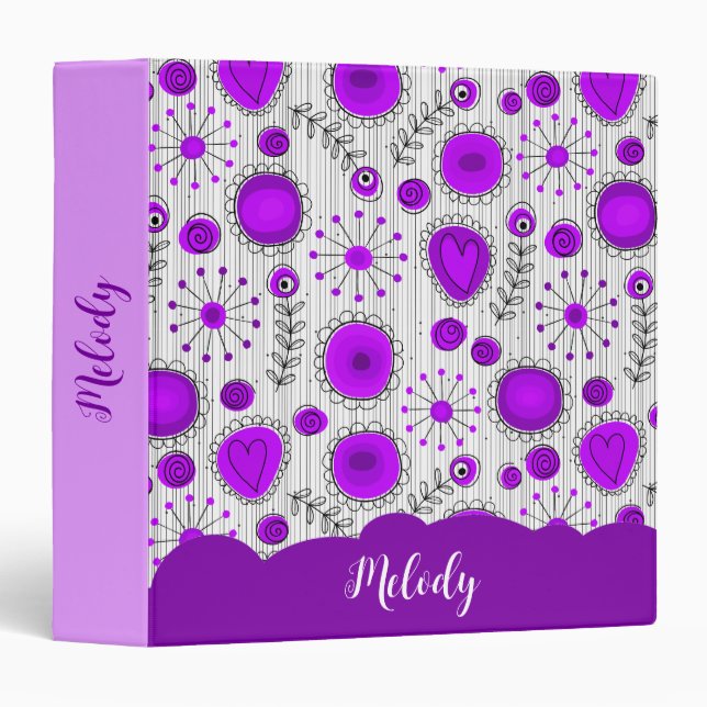 Whimsical purple white hearts flowers floral name 3 ring binder (Front/Spine)