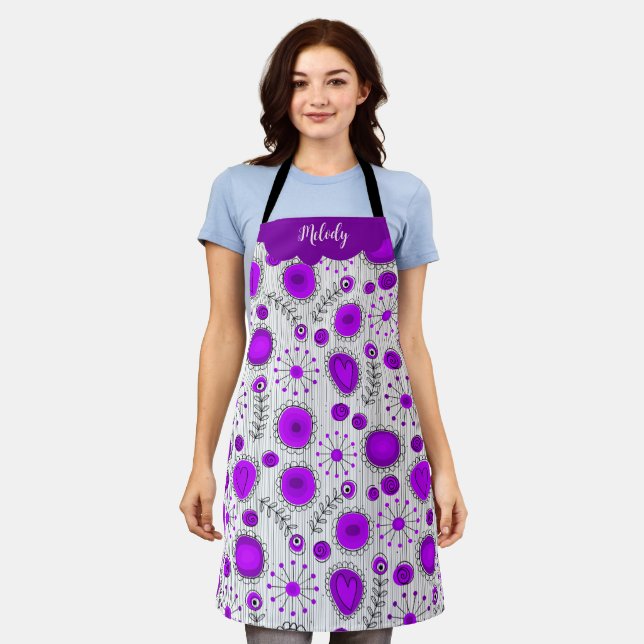 Whimsical purple white hearts flowers floral name apron (Worn)