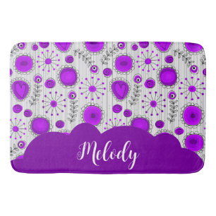 Whimsical purple white hearts flowers floral name bath mat