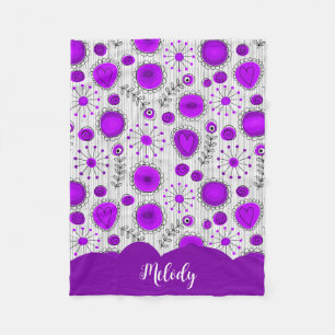 Whimsical purple white hearts flowers floral name fleece blanket