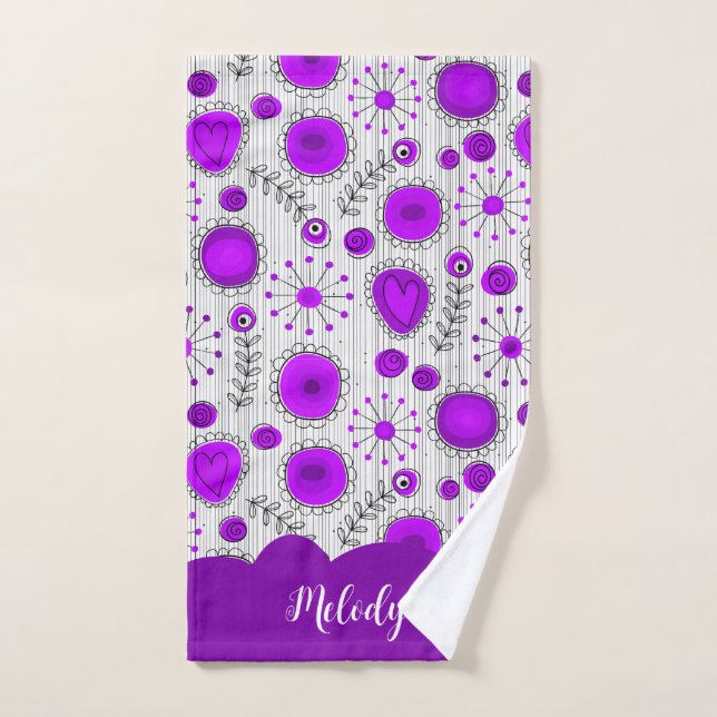Whimsical purple white hearts flowers floral name hand towel  (Hand Towel)