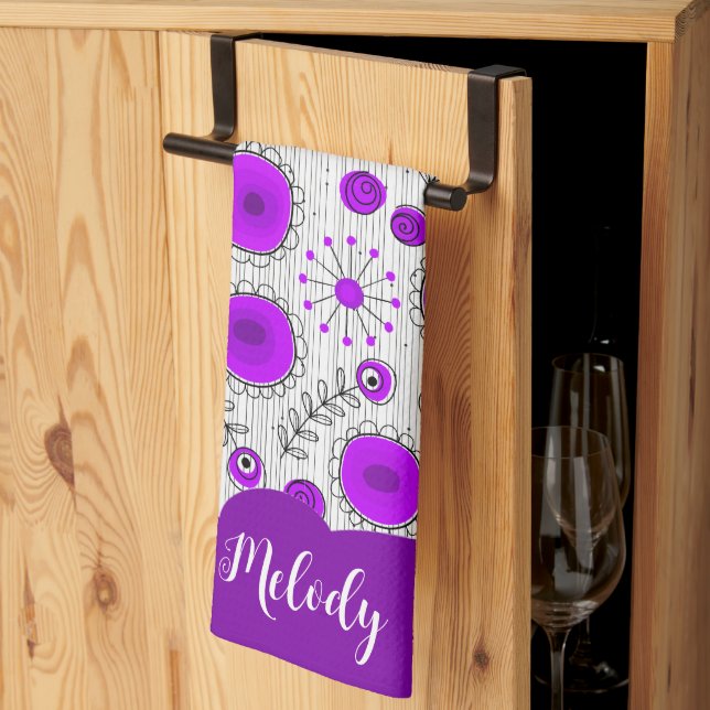 Whimsical purple white hearts flowers floral name kitchen towel (Thirds Fold)