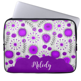 Whimsical purple white hearts flowers floral name laptop sleeve