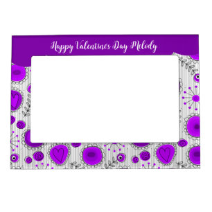 Whimsical purple white hearts flowers floral name magnetic frame