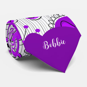 Whimsical purple white hearts flowers floral name neck tie