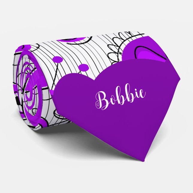Whimsical purple white hearts flowers floral name neck tie (Rolled)