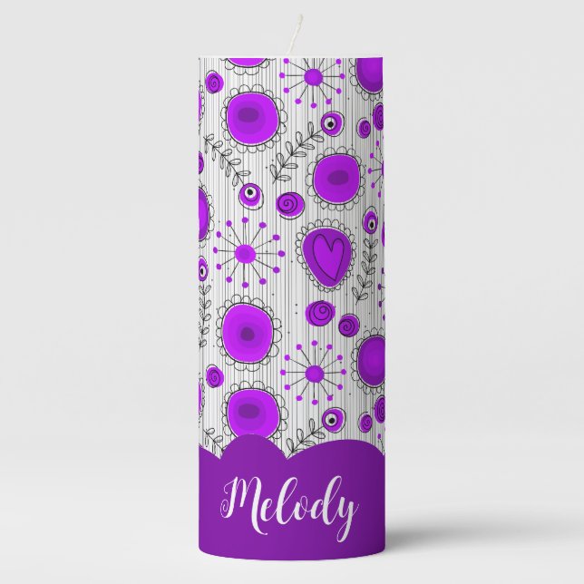 Whimsical purple white hearts flowers floral name pillar candle (Front)