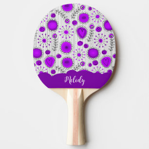 Whimsical purple white hearts flowers floral name ping pong paddle