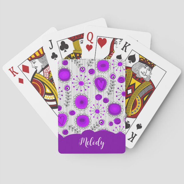 Whimsical purple white hearts flowers floral name poker cards (Back)