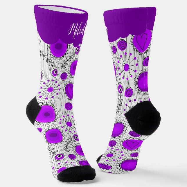 Whimsical purple white hearts flowers floral name socks (Angled)