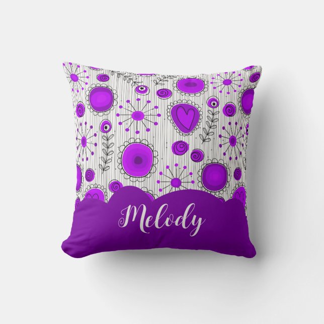 Whimsical purple white hearts flowers floral name throw pillow (Front)