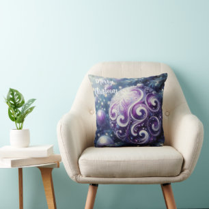 Whimsical Purple White Ornament Swirls Seasonal Throw Pillow