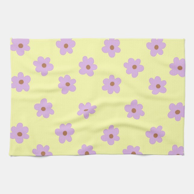 Whimsical Purple & Yellow Floral Retro Cheerful Kitchen Towel (Horizontal)