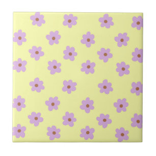 Whimsical Purple & Yellow Flower Retro Cheerful Ceramic Tile