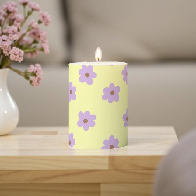 Whimsical Purple & Yellow Flower Retro Cheerful Pillar Candle (Whimsical Purple & Yellow Flower Retro Cheerful Pillar Candle)