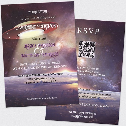 Whimsical QR Code Sci_fi UFO Space Wedding Invitation