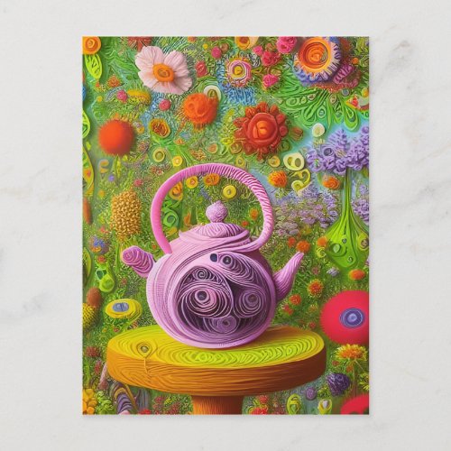 Whimsical Quilled Teapot Landscape   Postcard