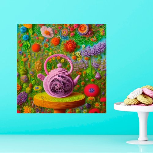 Whimsical Quilled Teapot Landscape Poster