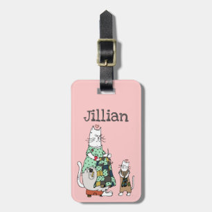Whimsical Quilting Cat Pink Luggage Tag