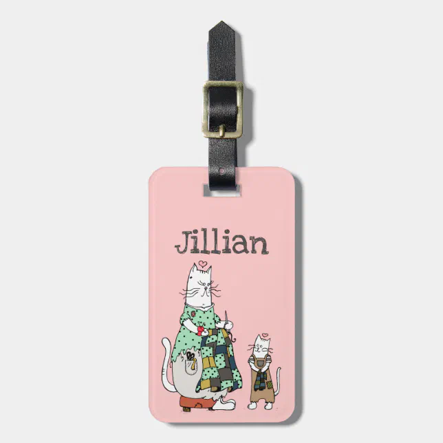 Whimsical Quilting Cat Pink Luggage Tag (Front Vertical)