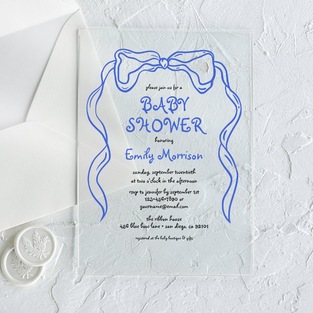 Whimsical Quirky Blue Bow Baby Boy Shower Acrylic Invitations (Creator Uploaded)