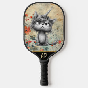 *~* Whimsical Quirky Cat AP68 Floral 3 PHOTO Pickleball Paddle